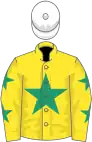 Yellow, emerald green star, stars on sleeves, white cap