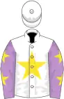 White, yellow star, mauve sleeves, yellow stars, white cap