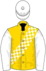 Gold, gold and white checked sash, sleeves and cap