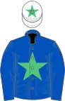 Royal blue, emerald green star, white cap, emerald green star