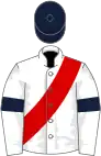 White, red sash, dark blue armlets and cap