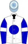 White, blue disc, blue sleeves, white armlets, light blue cap, white hoop