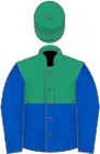 Emerald Green and Royal Blue (halved horizontally), Royal Blue sleeves, Emerald Green cap