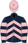 Dark blue, pink chevrons, hooped sleeves, pink cap