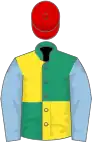 Emerald green and yellow (quartered), light blue sleeves, red cap