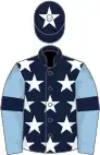 Dark blue, white stars, light blue sleeves, dark blue armlet, dark blue cap, white star