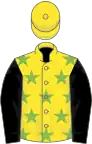 Yellow, light green stars, black sleeves, yellow cap