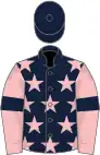 Dark blue, pink stars, pink sleeves, dark blue armlets, dark blue cap