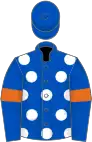 Royal blue, white spots, orange armlets, royal blue cap