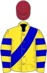 Yellow, blue sash, hooped sleeves, maroon cap