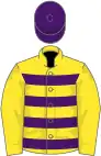 Yellow and purple hoops, yellow sleeves, purple cap