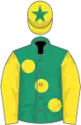 Emerald green, large yellow spots and sleeves, yellow cap, green star