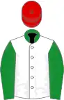 White, green sleeves and collar, red cap