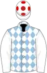 Light blue and white diamonds, white sleeves, white cap, red spots