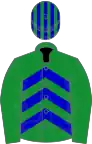 Green, blue chevrons on body, striped cap