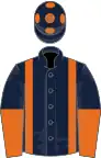 Dark blue, orange braces, halved sleeves, dark blue cap, orange spots