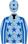 Light blue, royal blue stars, striped sleeves