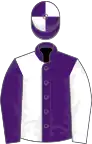 Purple and white (halved), sleeves reversed, quartered cap