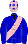 Blue, pink sash, pink cap, blue spots