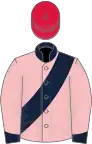 Pink, dark blue sash, collar and cuffs, crimson cap