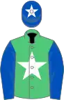 Emerald green, white star, royal blue sleeves, royal blue cap, white star