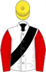 White, black sash, red sleeves, yellow cap