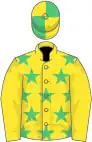 Yellow, emerald green stars, yellow sleeves, quartered cap