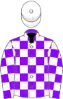 Violet and white checked, white cap