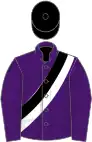 Purple, black and white sash, black cap