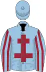 Light blue, maroon cross of lorraine, striped sleeves