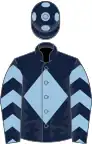 Dark blue, light blue diamond, chevrons on sleeves, dark blue cap, light blue spots