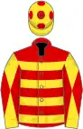 Red, yellow hoops, yellow and red diabolo on sleeves, yellow cap, red spots