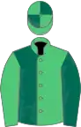 EMERALD GREEN and DARK GREEN HALVED, sleeves reversed, quartered cap