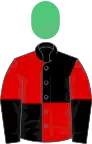 Black and red quartered, red and black halved sleeves, emerald green cap