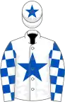 White, royal blue star on body and cap, check sleeves