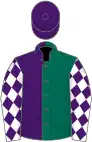 Dark green and purple (halved), white sleeves, purple diamonds, purple cap