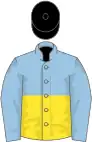 Light blue and yellow (halved horizontally), light blue sleeves, black cap