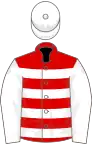 Red and white hoops, white sleeves and cap