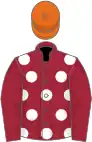 Maroon, white spots, maroon sleeves, orange cap