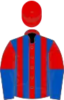 Red and royal blue stripes, halved sleeves, red cap