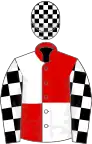 Red and white (quartered), black and white check sleeves and cap