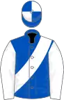 Royal blue, white sash and sleeves, quartered cap