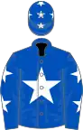 Blue, white star, blue sleeves, white stars, blue cap, white star