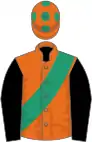 Orange, emerald green sash and spots on cap, black sleeves