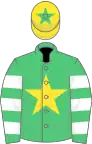 Emerald green, yellow star, green and white hooped sleeves, yellow cap, green star