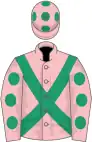 Pink, emerald green cross belts, pink sleeves, emerald green spots and cap