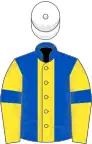 Royal blue, yellow stripe, yellow sleeves, royal blue armlets, white cap