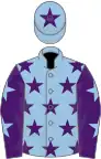 Light blue, purple stars, purple sleeves, light blue stars, light blue cap, purple star