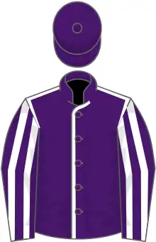 Purple, white seams, striped sleeves, purple cap