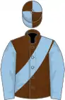 Brown, light blue sash and sleeves, quartered cap